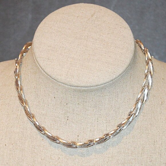 Crown Trifari Jewelry - Vintage Choker Necklace Crown Trifari Brushed & Polished Silver-Tone Leaves 13"